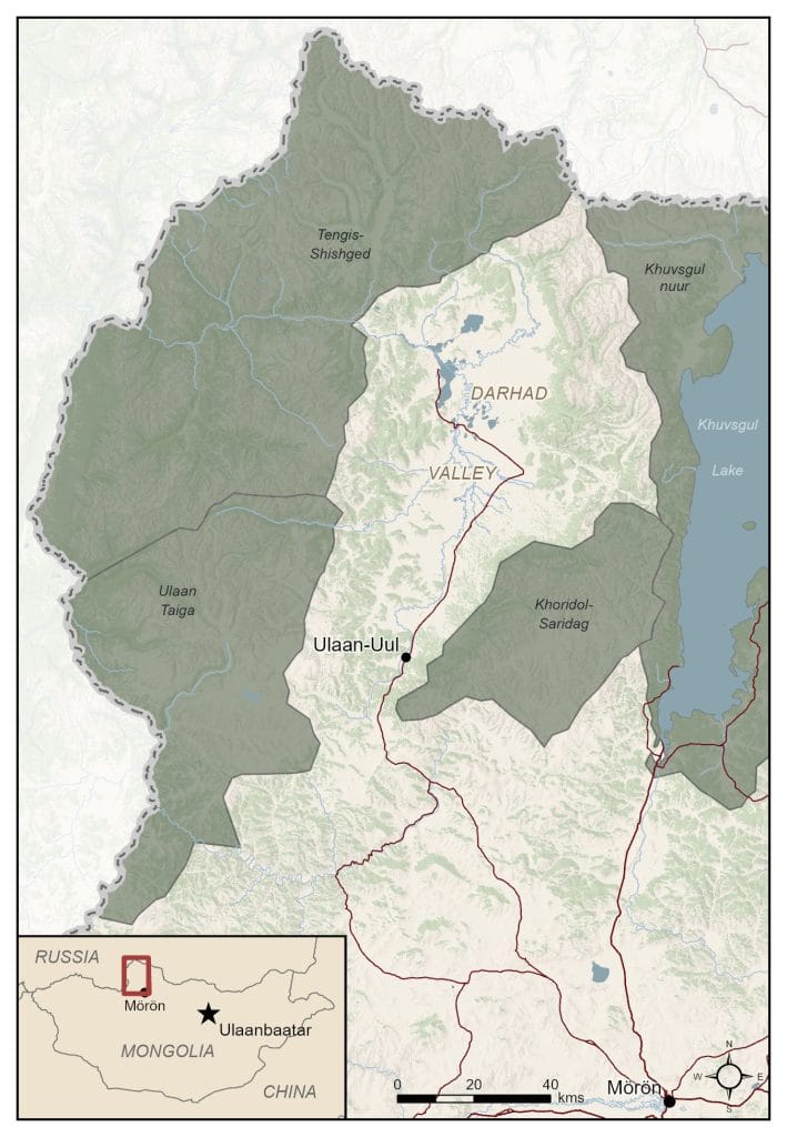 Mongolia map highlighting Round River Conservation Studies study areas and points of interest.