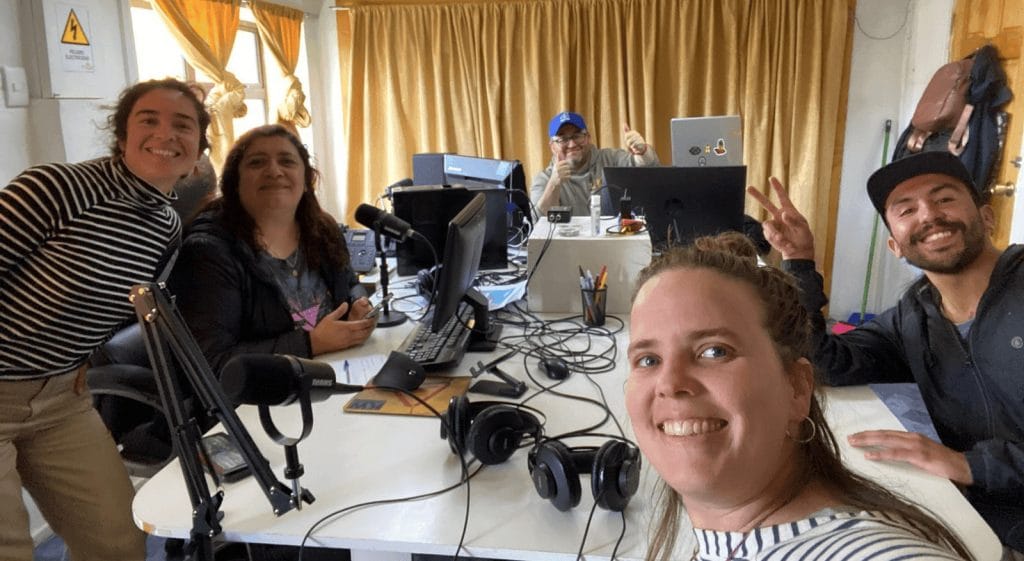 Round River Patagonia instructor Felipe Alegria—far-right—with members of Raices de Calafate and radio station staff discussing the Steppe Biodiversity project on Chile Chicos local radio.