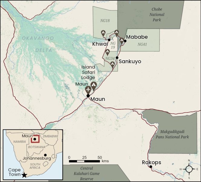 Botswana map highlighting Round River Conservation Studies camp areas, study areas and points of interest.