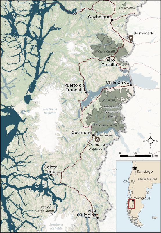 Patagonia map highlighting Round River Conservation Studies camp areas, study areas and points of interest.